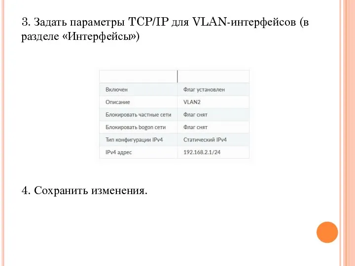 3. Задать параметры TCP/IP для VLAN-интерфейсов (в разделе «Интерфейсы») 4. Сохранить изменения.