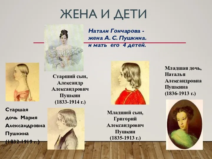 ЖЕНА И ДЕТИ Старшая дочь Мария Александровна Пушкина (1832-1919 г.) Старший сын,
