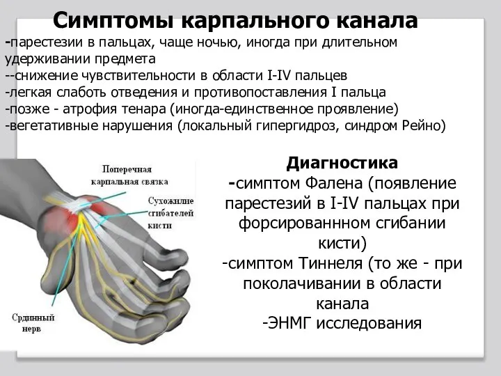 Симптомы карпального канала -парестезии в пальцах, чаще ночью, иногда при длительном удерживании