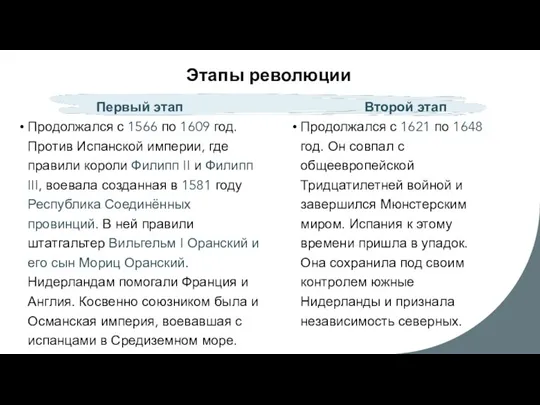 Этапы революции Первый этап Продолжался с 1566 по 1609 год. Против Испанской