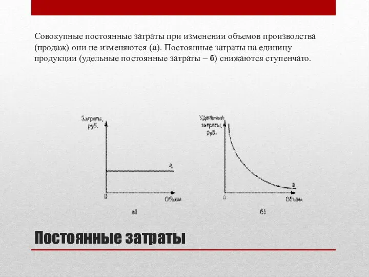 Постоянные затраты Совокупные постоянные затраты при изменении объемов производства (продаж) они не