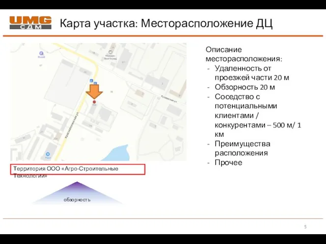 Карта участка: Месторасположение ДЦ Территория ООО «Агро-Строительные Технологии» обзорность Описание месторасположения: Удаленность