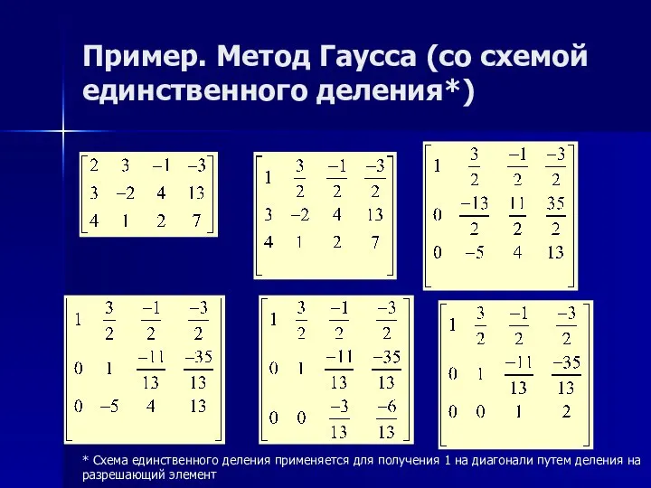 Пример. Метод Гаусса (со схемой единственного деления*) * Схема единственного деления применяется