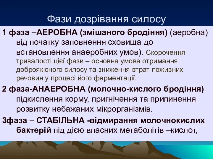 Фази дозрівання силосу 1 фаза –АЕРОБНА (змішаного бродіння) (аеробна) від початку заповнення