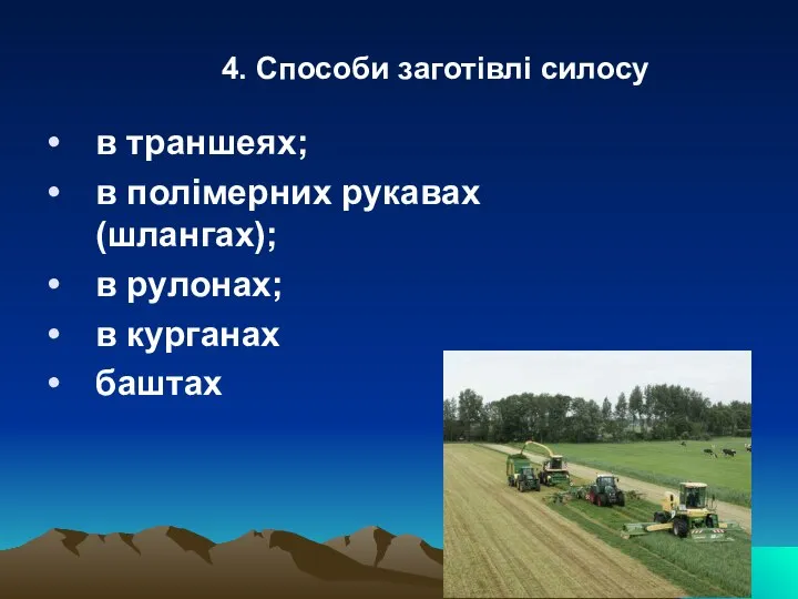 в траншеях; в полімерних рукавах (шлангах); в рулонах; в курганах баштах 4. Способи заготівлі силосу