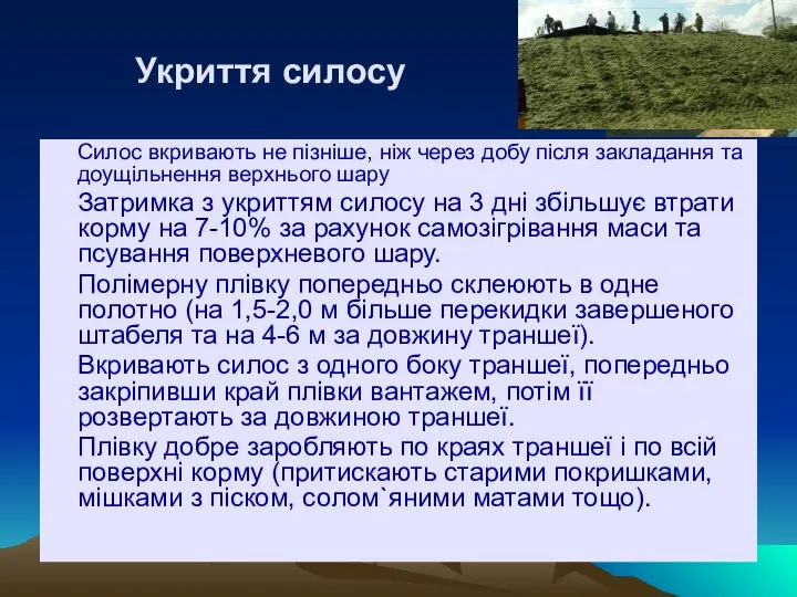 Укриття силосу Силос вкривають не пізніше, ніж через добу після закладання та