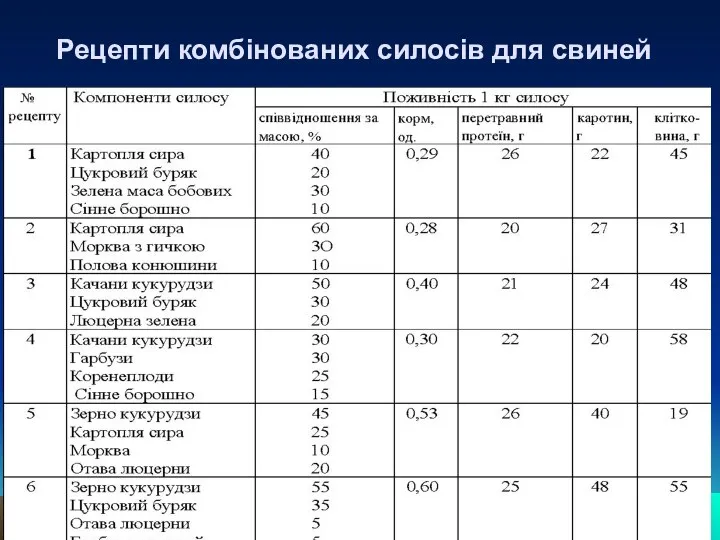 Рецепти комбінованих силосів для свиней