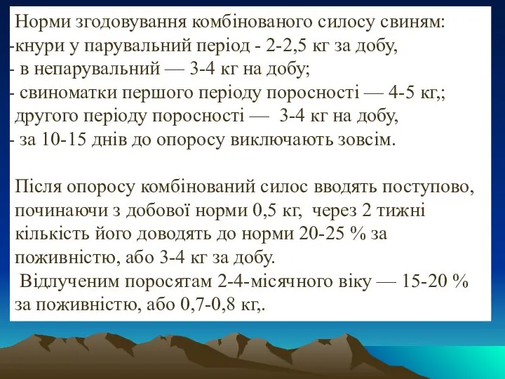 Норми згодовування комбінованого силосу свиням: кнури у парувальний період - 2-2,5 кг