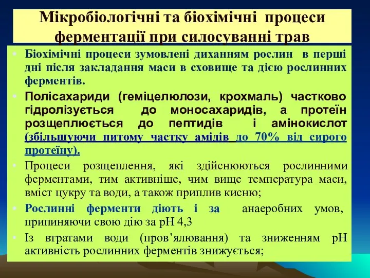 Мікробіологічні та біохімічні процеси ферментації при силосуванні трав Біохімічні процеси зумовлені диханням