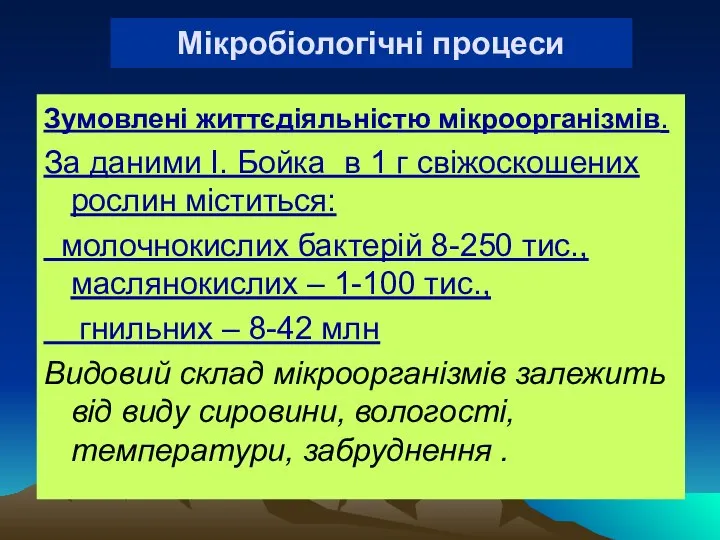 Мікробіологічні процеси Зумовлені життєдіяльністю мікроорганізмів. За даними І. Бойка в 1 г