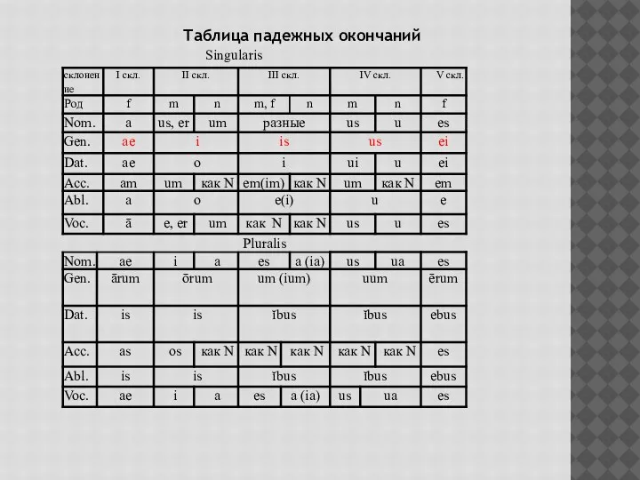 Singularis Таблица падежных окончаний