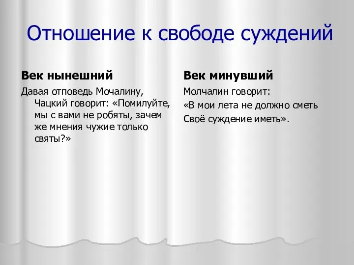 Отношение к свободе суждений Век нынешний Давая отповедь Мочалину, Чацкий говорит: «Помилуйте,