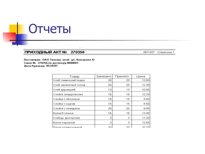 Отчеты Приходный акт