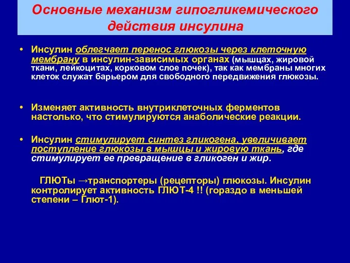 Основные механизм гипогликемического действия инсулина Инсулин облегчает перенос глюкозы через клеточную мембрану