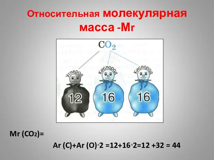Относительная молекулярная масса -Мr Mr (CO2)= Ar (C)+Ar (O)×2 =12+16×2=12 +32 = 44