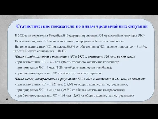 4 Статистические показатели по видам чрезвычайных ситуаций В 2020 г. на территории