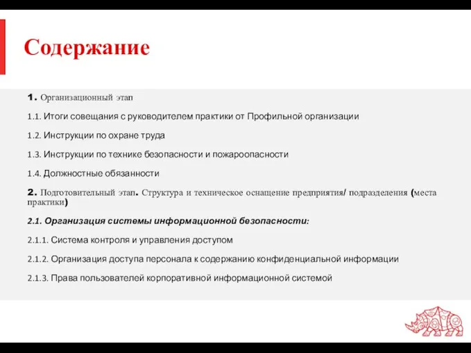 Содержание 1. Организационный этап 1.1. Итоги совещания с руководителем практики от Профильной