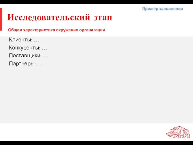 Исследовательский этап Клиенты: … Конкуренты: … Поставщики: … Партнеры: … Общая характеристика окружения организации