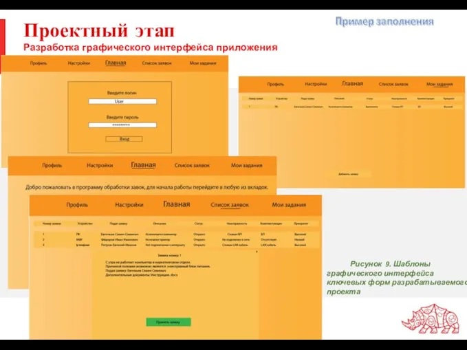 Проектный этап Разработка графического интерфейса приложения Рисунок 9. Шаблоны графического интерфейса ключевых форм разрабатываемого проекта