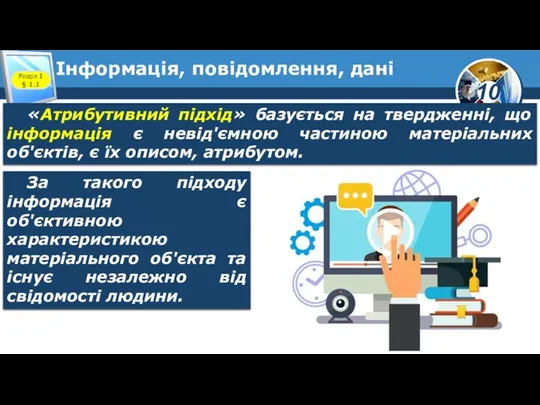 Інформація, повідомлення, дані Розділ 1 § 1.1 «Атрибутивний підхід» базується на твердженні,