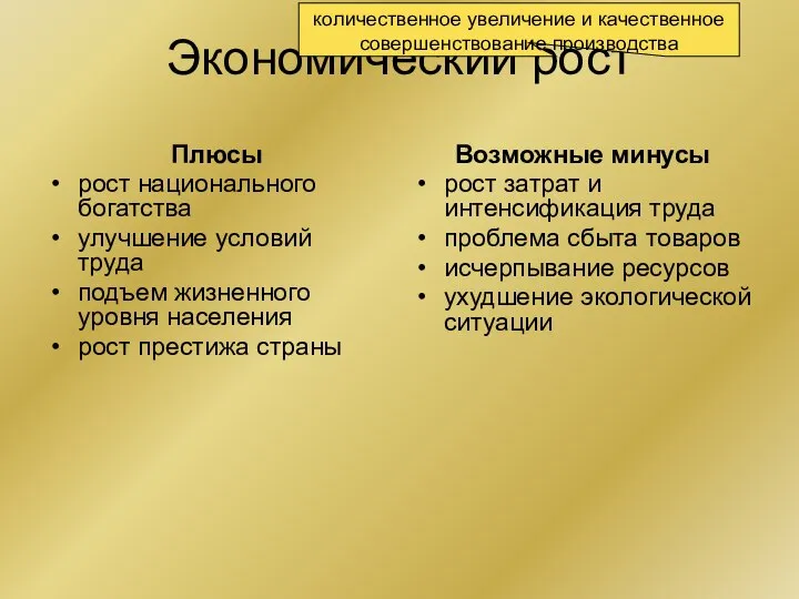 Экономический рост Плюсы рост национального богатства улучшение условий труда подъем жизненного уровня