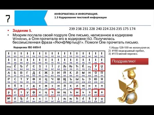 Задание 5. Мээрим послала своей подруге Оле письмо, написанное в кодировке Windows,