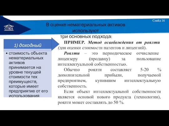 РЕМОНТ Слайд 16 В оценке нематериальных активов используют три основных подхода: ПРИМЕР.