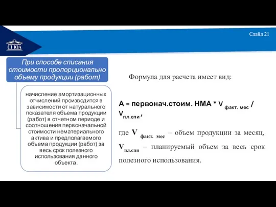 РЕМОНТ Слайд 21 Формула для расчета имеет вид: А = первонач.стоим. НМА