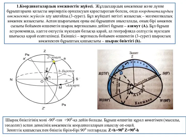 1.Координаталардың көкжиектік жүйесі. Жұлдыздардың көкжиекке және дүние бұрыштарына қатысты көрінерлік орналасуын қарастыратын