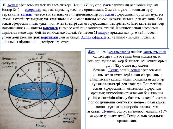 ІІ. Аспан сферасының негізгі элементтері. Зенит (Z) нүктесі бакылаушының дәл төбесінде, ал