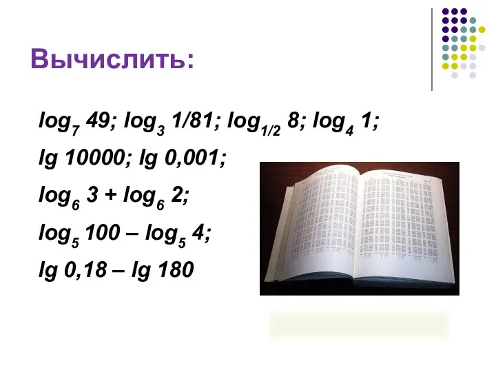 Вычислить: log7 49; log3 1/81; log1/2 8; log4 1; lg 10000; lg