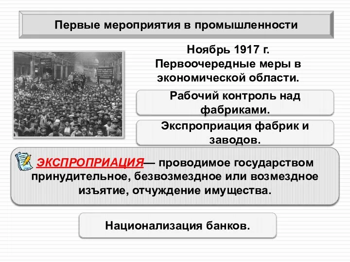 Первые мероприятия в промышленности Рабочий контроль над фабриками. Ноябрь 1917 г. Первоочередные