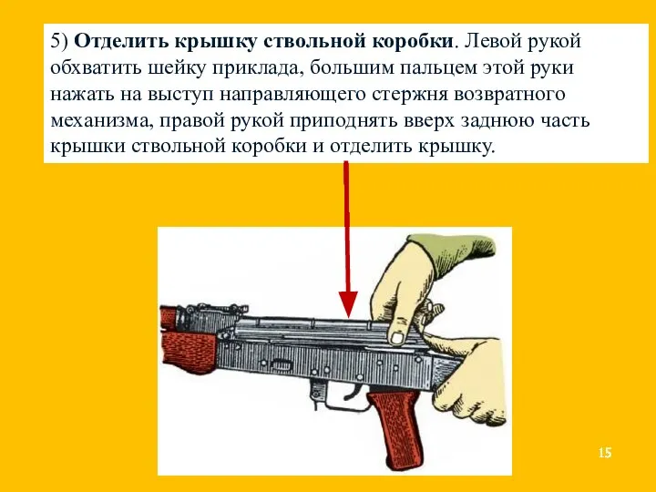 5) Отделить крышку ствольной коробки. Левой рукой обхватить шейку приклада, большим пальцем