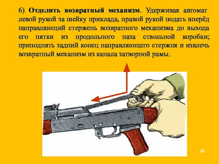 6) Отделить возвратный механизм. Удерживая автомат левой рукой за шейку приклада, правой