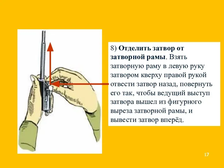 8) Отделить затвор от затворной рамы. Взять затворную раму в левую руку