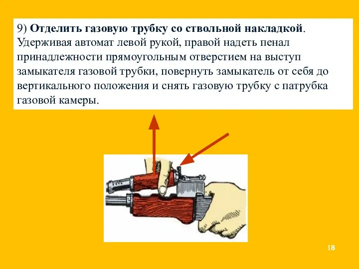 9) Отделить газовую трубку со ствольной накладкой. Удерживая автомат левой рукой, правой