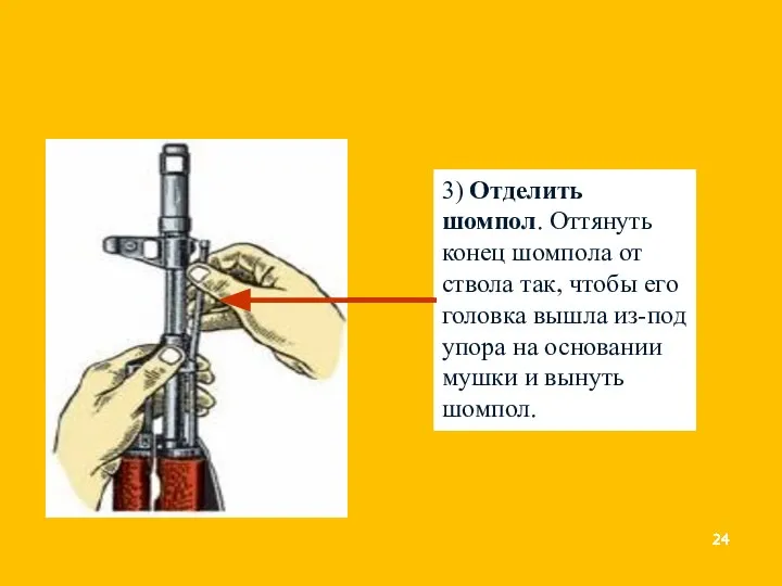 3) Отделить шомпол. Оттянуть конец шомпола от ствола так, чтобы его головка