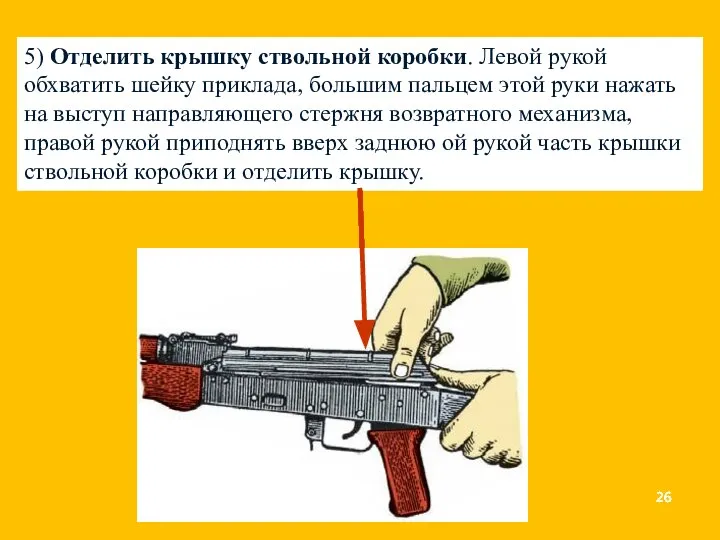 5) Отделить крышку ствольной коробки. Левой рукой обхватить шейку приклада, большим пальцем