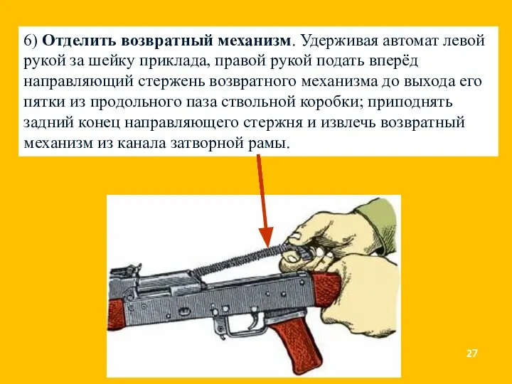 6) Отделить возвратный механизм. Удерживая автомат левой рукой за шейку приклада, правой