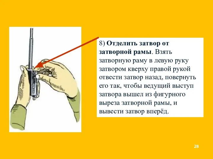 8) Отделить затвор от затворной рамы. Взять затворную раму в левую руку