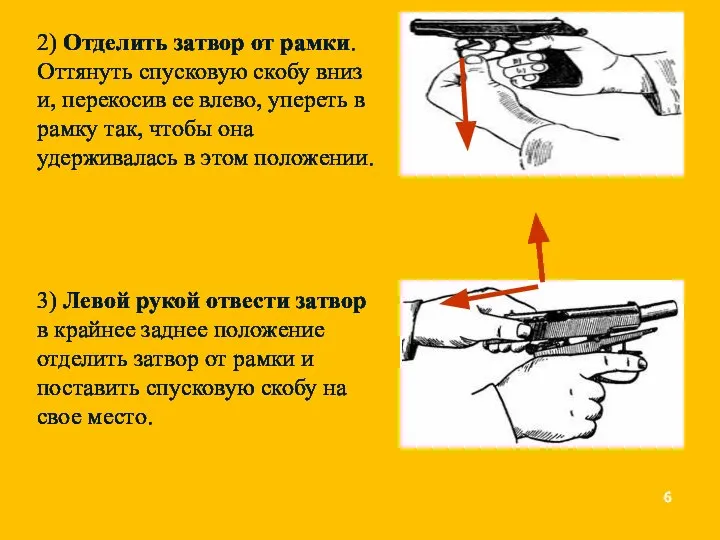 3) Левой рукой отвести затвор в крайнее заднее положение отделить затвор от