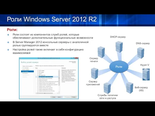 Роли Windows Server 2012 R2 Роли: Роли состоят из компонентов служб ролей,