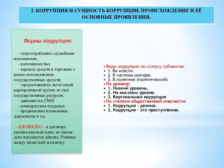 Виды коррупции по статусу субъектов: 1. Во власти. 2. В частном секторе.