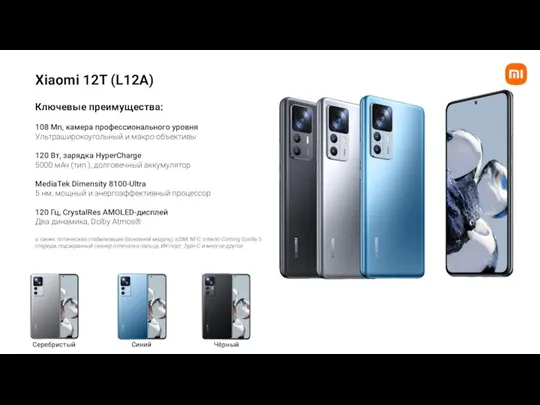 Xiaomi 12T (L12A) Ключевые преимущества: 108 Мп, камера профессионального уровня Ультраширокоугольный и