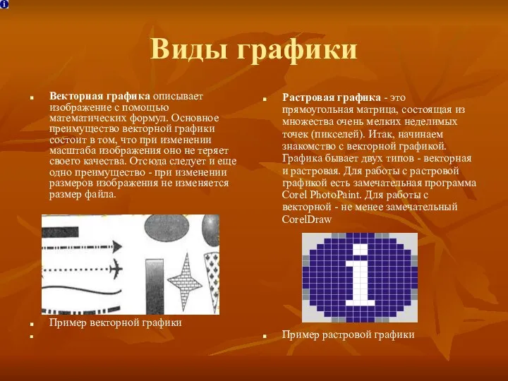 Виды графики Векторная графика описывает изображение с помощью математических формул. Основное преимущество