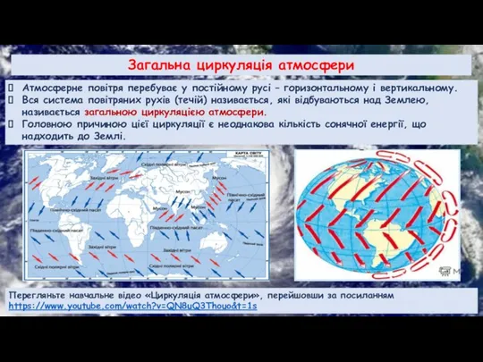 Загальна циркуляція атмосфери Атмосферне повітря перебуває у постійному русі – горизонтальному і