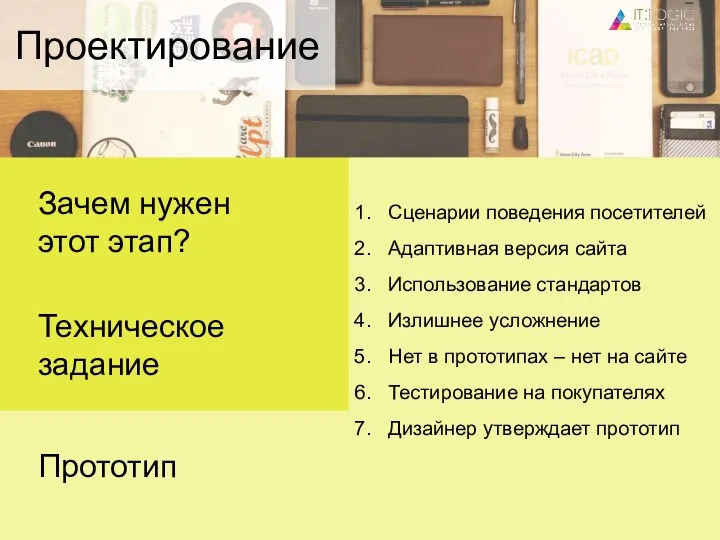 Прототип Техническое задание Сценарии поведения посетителей Адаптивная версия сайта Использование стандартов Излишнее