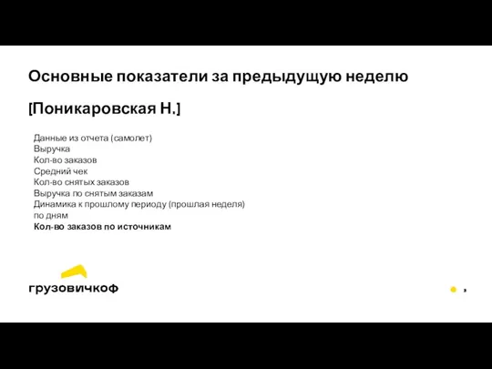 Основные показатели за предыдущую неделю (Поникаровская Н.) Данные из отчета (самолет) Выручка