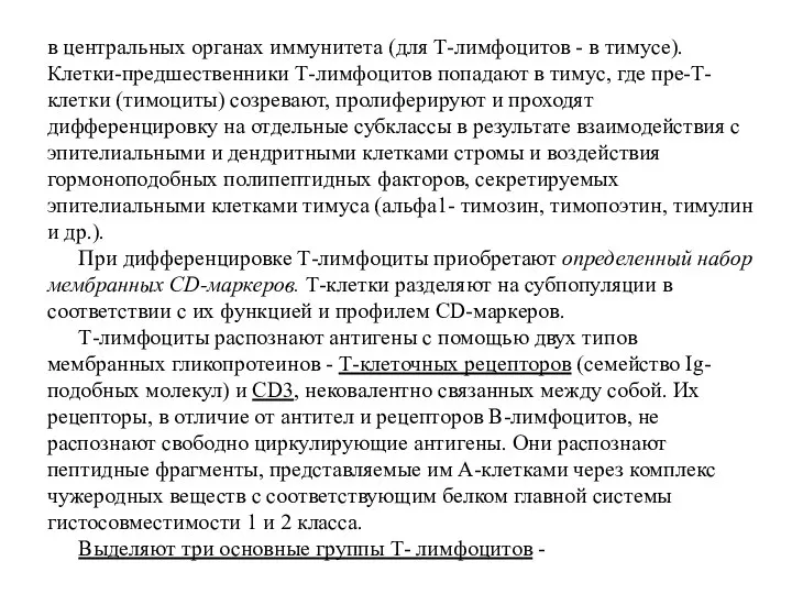 в центральных органах иммунитета (для Т-лимфоцитов - в тимусе). Клетки-предшественники Т-лимфоцитов попадают