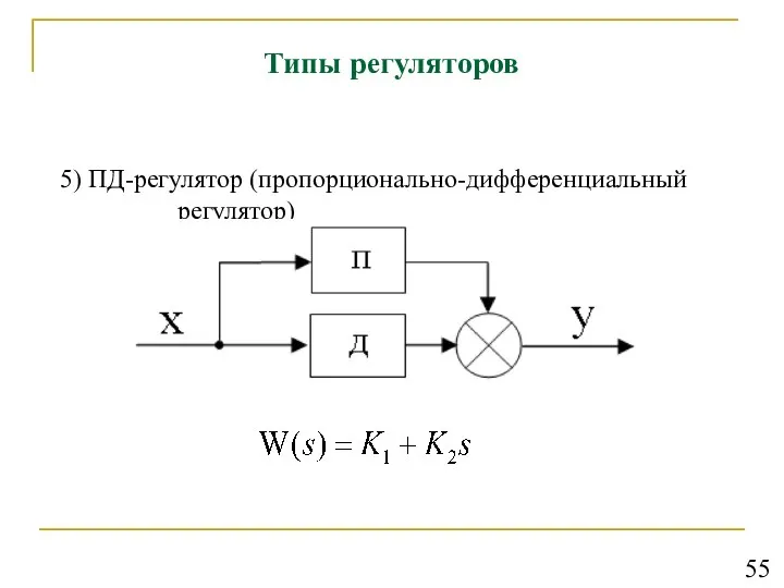 Типы регуляторов 5) ПД-регулятор (пропорционально-дифференциальный регулятор) 55